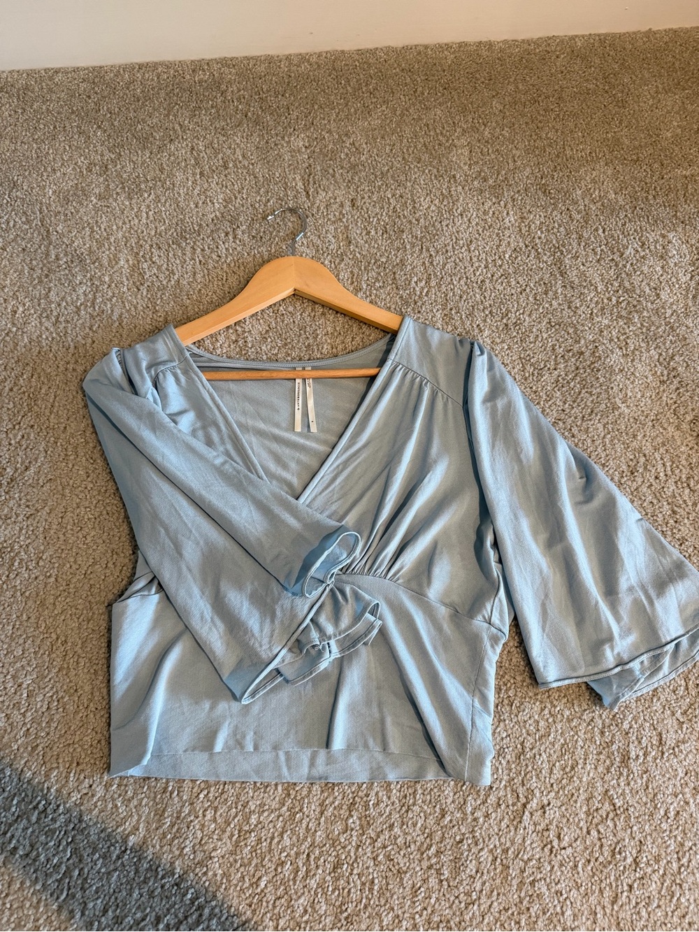Anthropologie Light Blue Wrap-Style Cropped Top